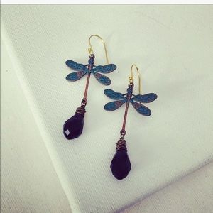 COPY - Handcrafted Dragonfly and purple glass Earrings